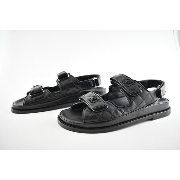 Chanel Black Leather Quilted Chain CC Logo Mule Slide Strap Flat Dad Sandal 38.5 - Picture 10 of 11